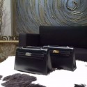 Fake Hermes Mini Kelly Pochette 22cm Box Calfskin Leather Handstitched, Noir Black RS15877