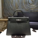 Quality Hermes Kelly 28/32cm Epsom Calfskin Original Leather Bag Hand Stitched Palladium Hardware, Noir Black RS02883