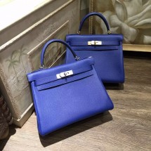 Hermes Kelly 28cm Taurillon Clemence Bag Handstitched Palladium/Gold Hardware, Blue Electric 7T RS14496