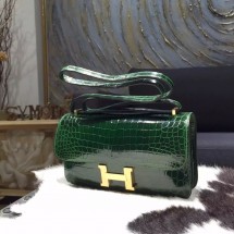 Imitation Hermes Constance Elan 23cm Shiny Crocodile Skin Bag Handstitched, Vert Fonce CK67 RS09114