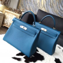 Luxury Hermes Kelly 28cm Togo Calfskin Bag Handstitched Gold/Palladium Hardware, Blue de Galice S7 RS01498