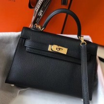 Replica Hermes Kelly Mini II Bag In Black Original leather 20cm Golden Hardware Bag RS26210