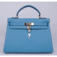 Imitation Hermes Kelly 28cm Togo Calfskin Bag Handstitched Palladium Hardware, Lagon Blue 7V RS10773